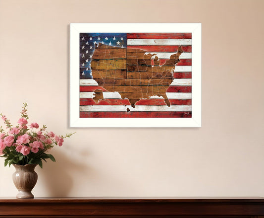 American Flag USA Map White Framed Print Wall Art - Homeroots