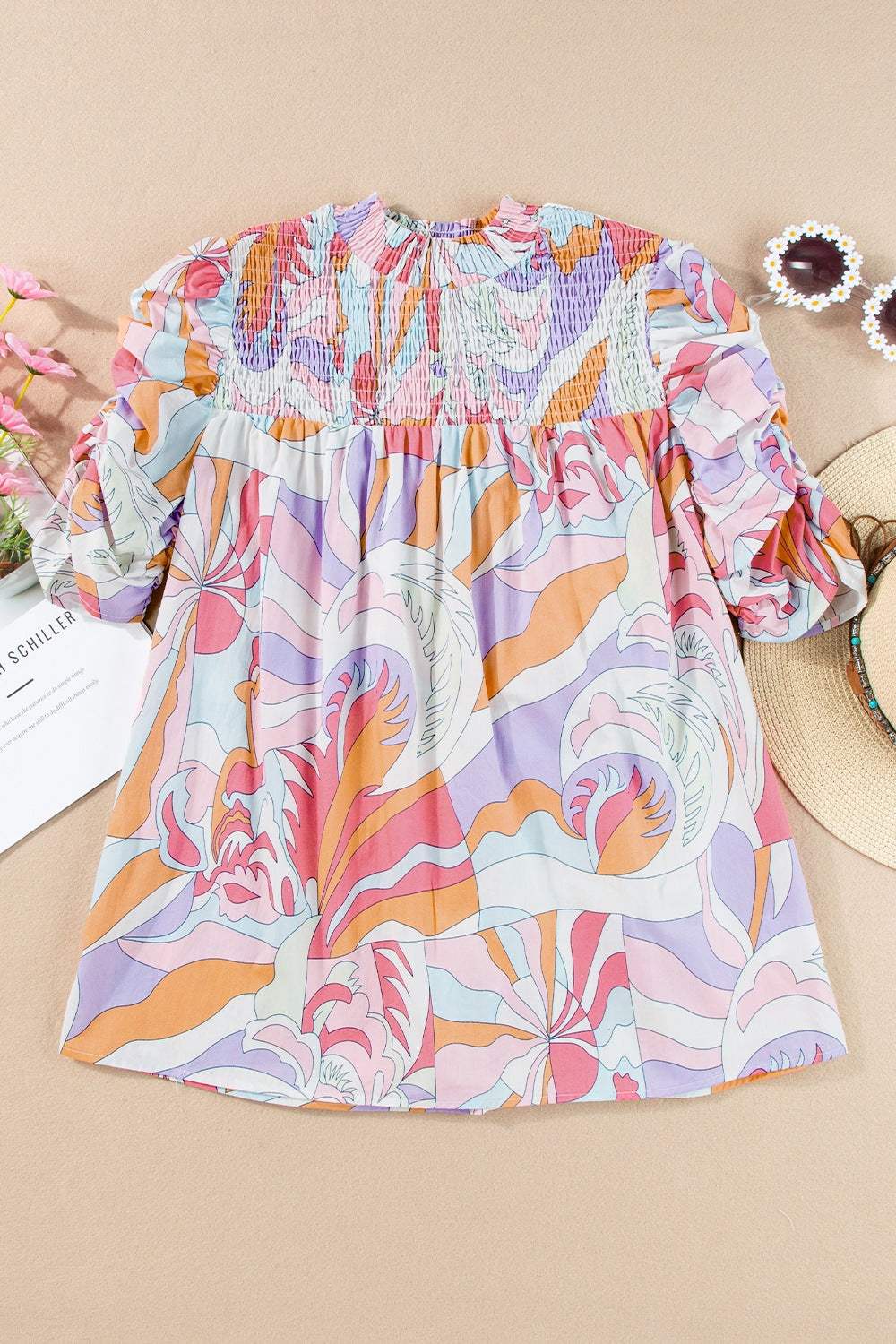 Smocked Round Neck Short Sleeve Blouse - Trendsi - Flyclothing LLC