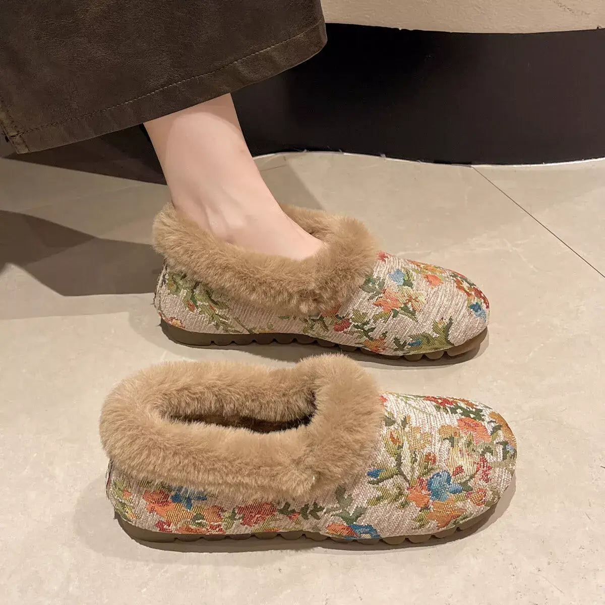 Floral Pattern Plush Lined Slip-Ons - Trendsi - Flyclothing LLC