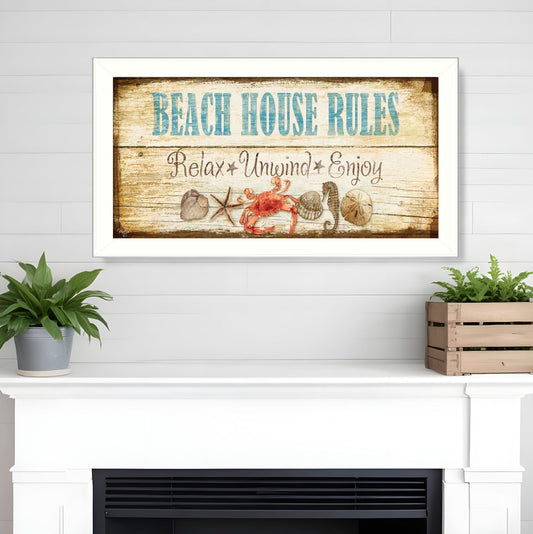 Beach House Rules White Framed Print Wall Art - Homeroots
