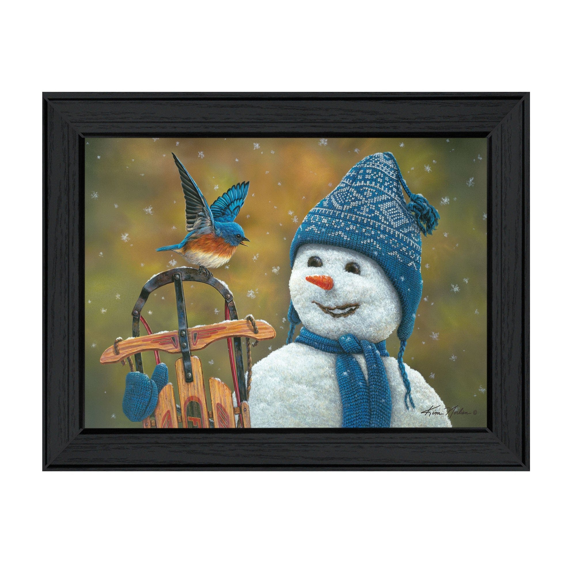 Bluebird Snowman Black Framed Print Wall Art - Homeroots