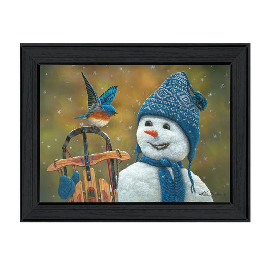 Bluebird Snowman Black Framed Print Wall Art - Homeroots