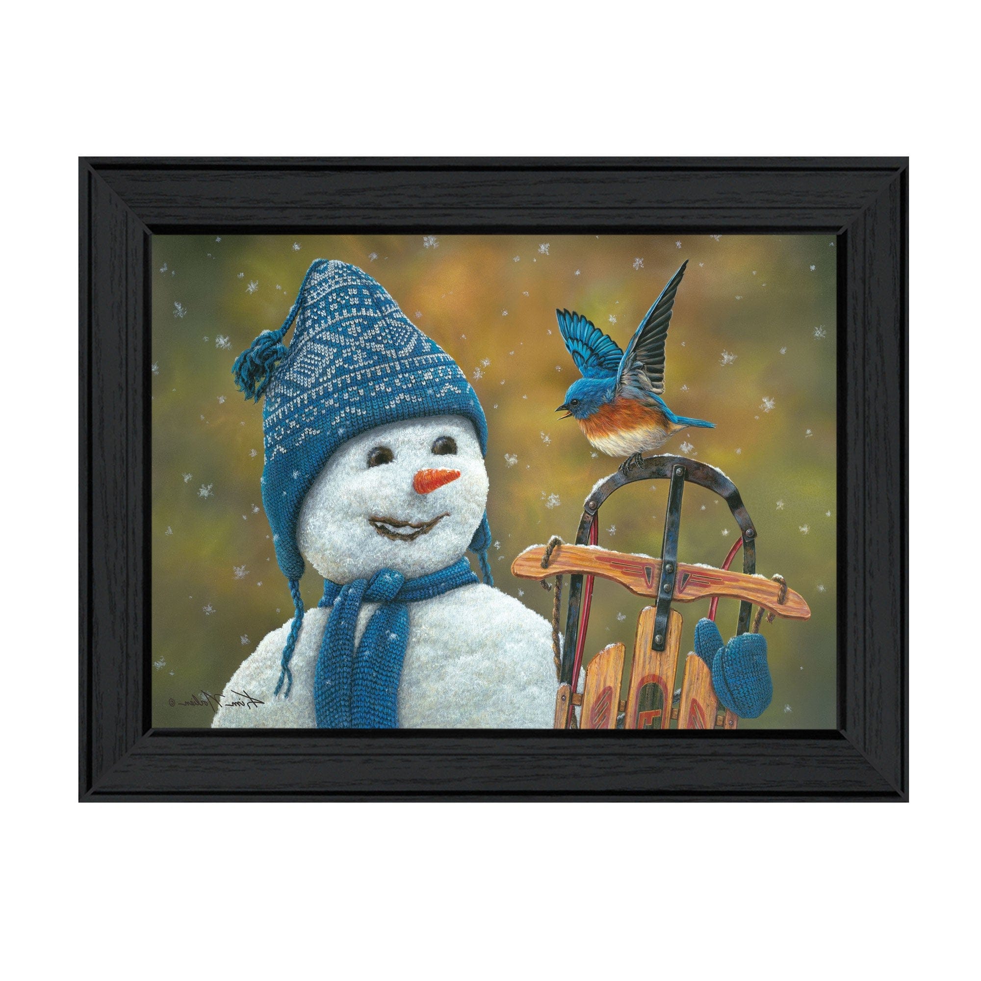 Bluebird Snowman Black Framed Print Wall Art - Homeroots