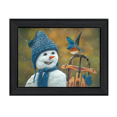 Bluebird Snowman Black Framed Print Wall Art - Homeroots