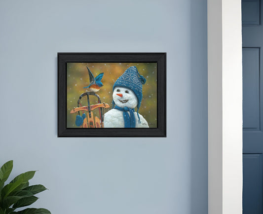 Bluebird Snowman Black Framed Print Wall Art - Homeroots