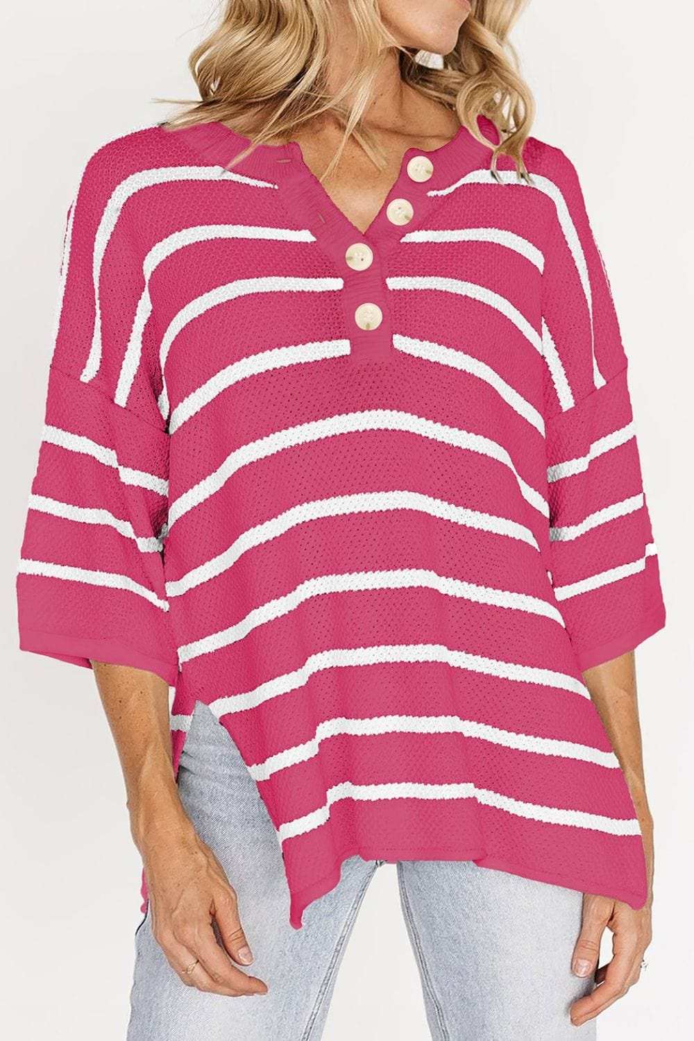 Stripe Drop Shoulder Side Slit Knit Top - Trendsi - Flyclothing LLC