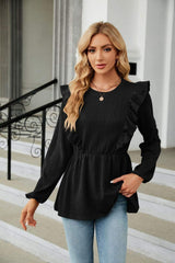 Round Neck Ruffled Peplum Blouse - Trendsi - Flyclothing LLC