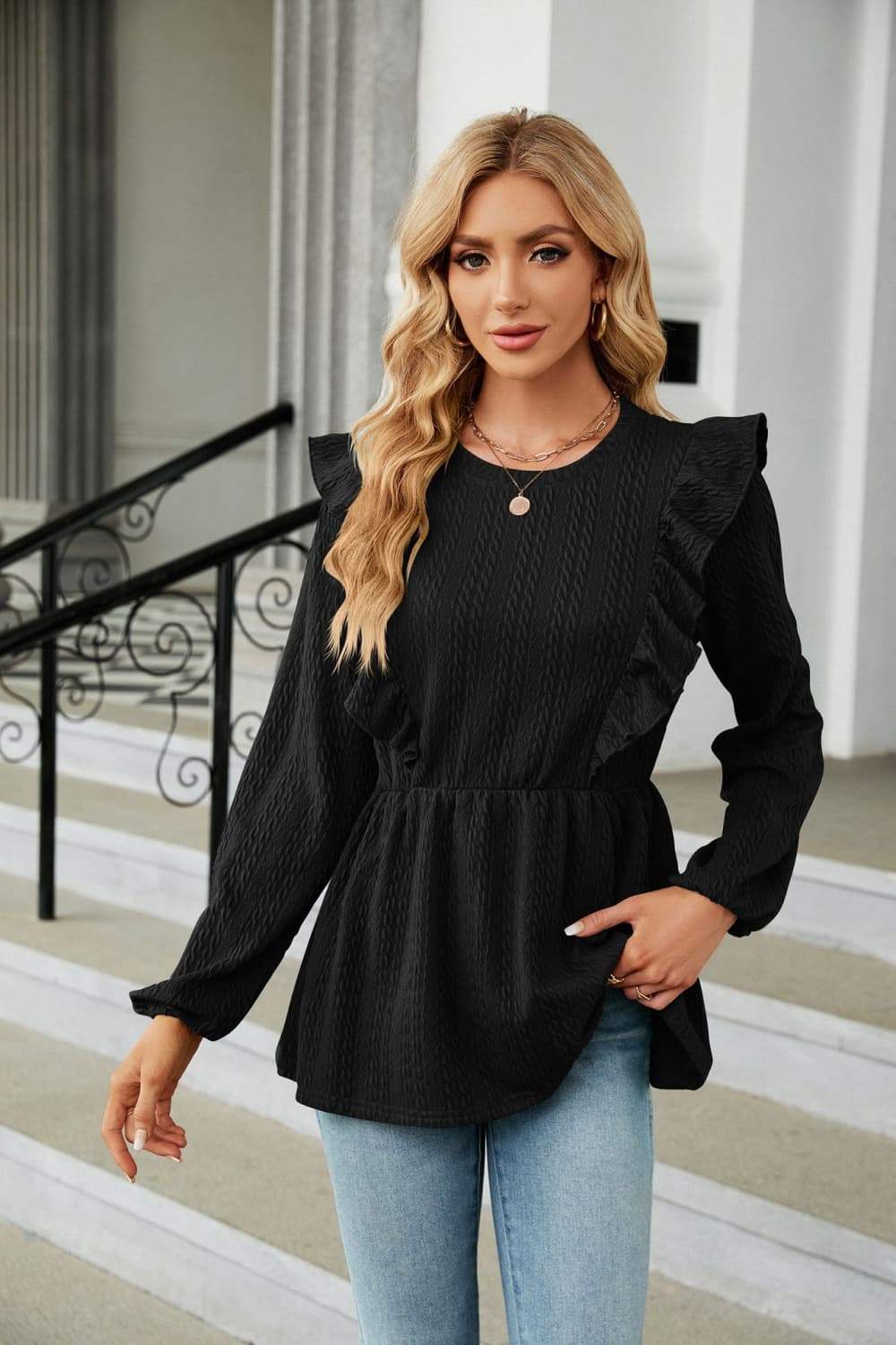 Round Neck Ruffled Peplum Blouse - Trendsi - Flyclothing LLC