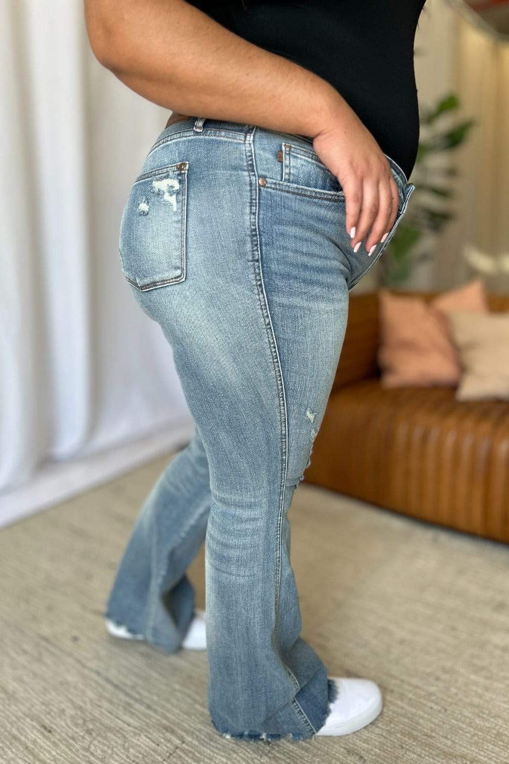 Judy Blue Full Size Medium Rise Tummy Control Destroy Flare - Trendsi - Flyclothing LLC