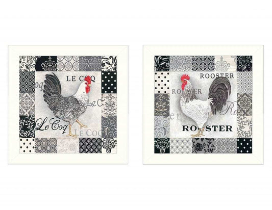 Set Of Two Black And White Rooster White Framed Print Wall Art - Homeroots - Flyclothing LLC