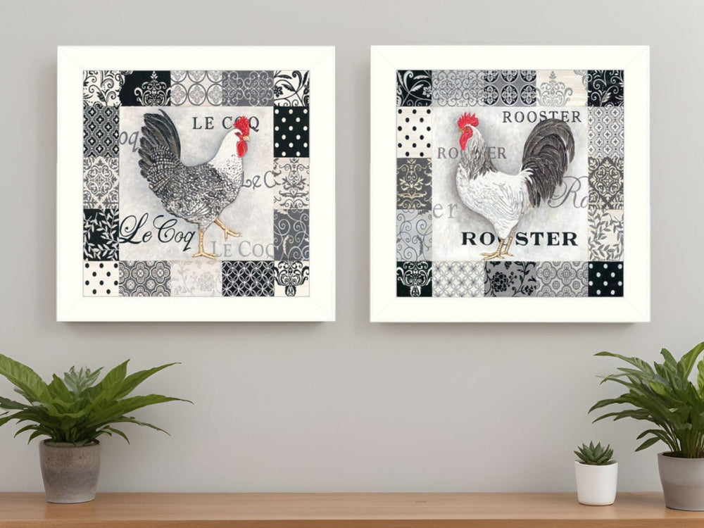 Set Of Two Black And White Rooster White Framed Print Wall Art - Homeroots