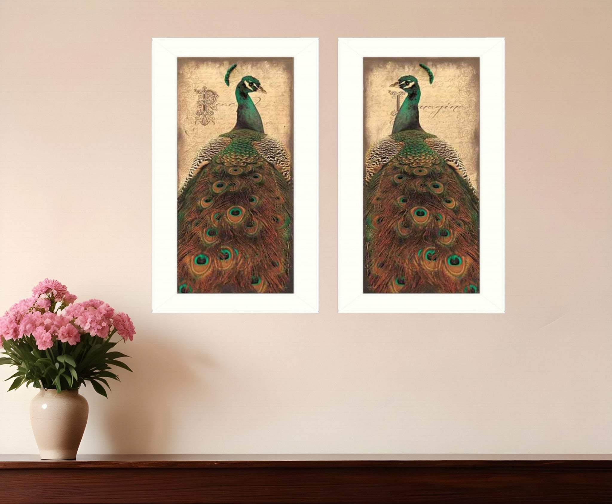 Set Of Two Peacock 1 White Framed Print Wall Art - Homeroots - Flyclothing LLC