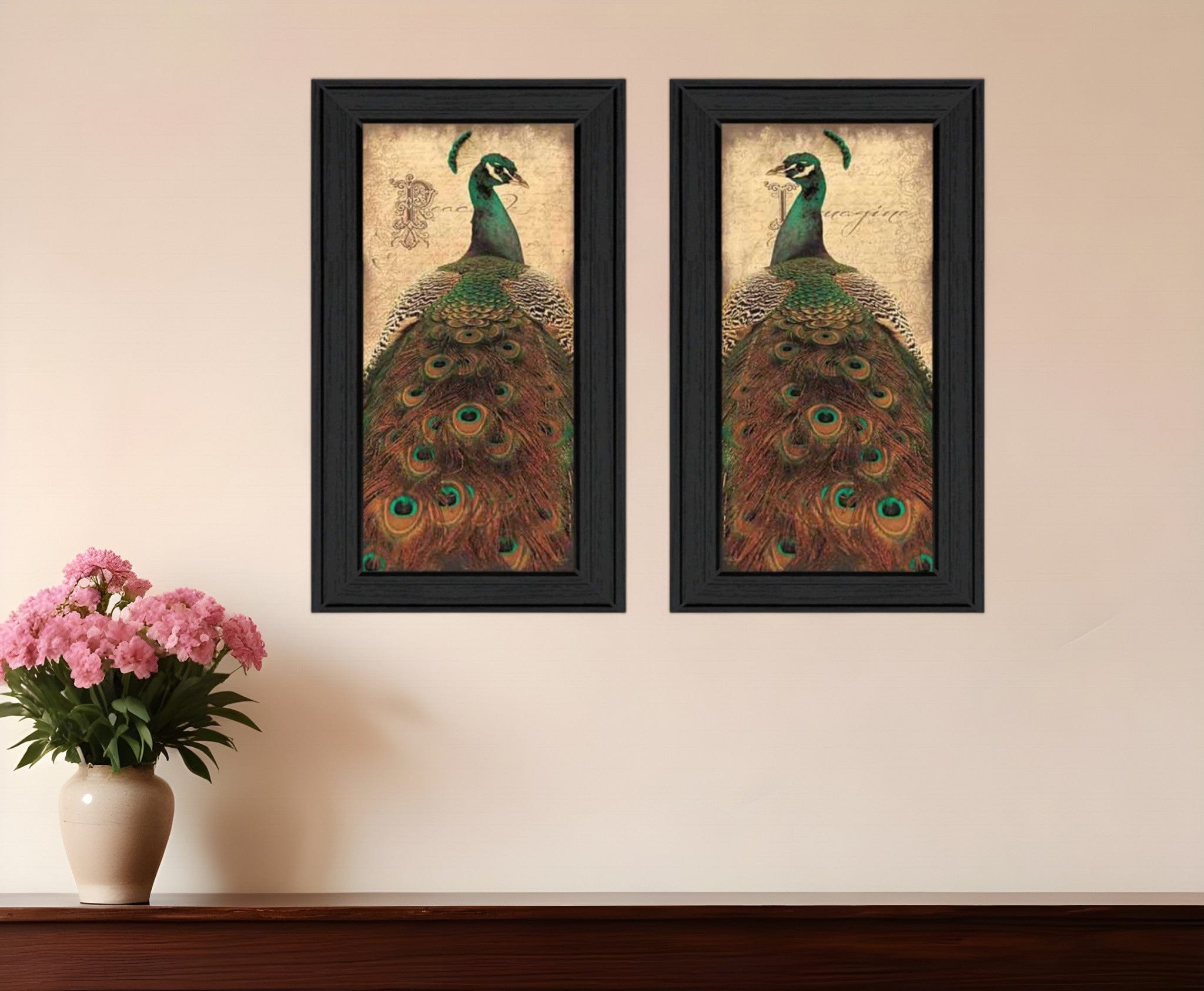 Set Of Two Peacock 2 Black Framed Print Wall Art - Homeroots