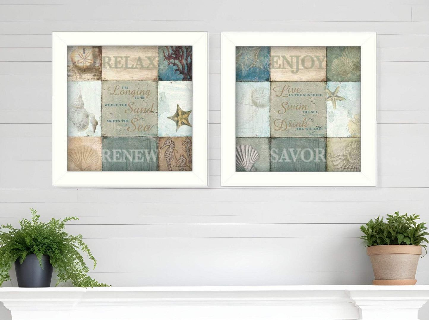 Set Of Two Sunshine Sand and Sea White Framed Print Wall Art - Homeroots - Flyclothing LLC