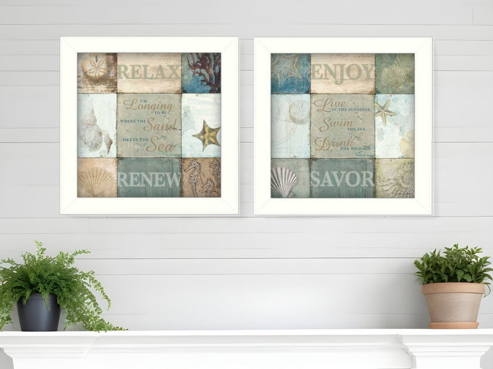 Set Of Two Sunshine Sand and Sea White Framed Print Wall Art - Homeroots