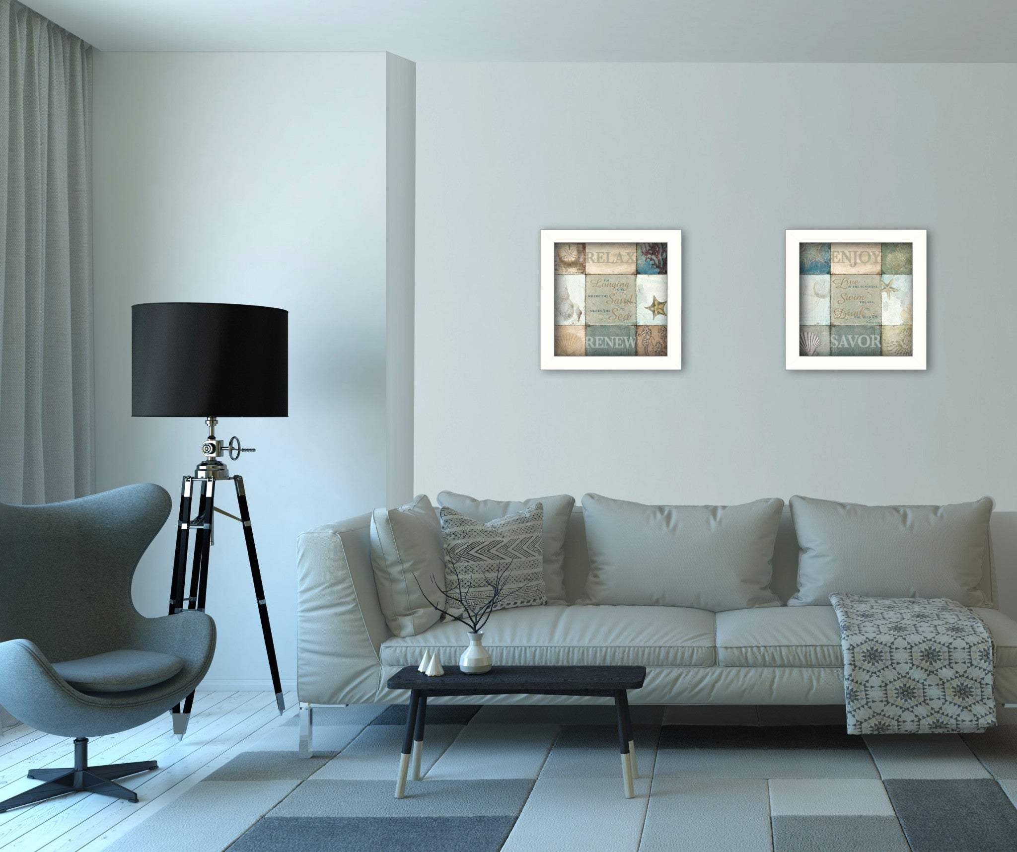 Set Of Two Sunshine Sand and Sea White Framed Print Wall Art - Homeroots - Flyclothing LLC