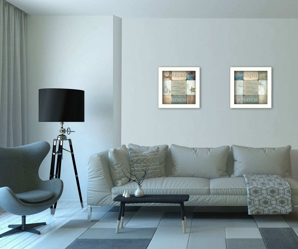 Set Of Two Sunshine Sand and Sea White Framed Print Wall Art - Homeroots - Flyclothing LLC