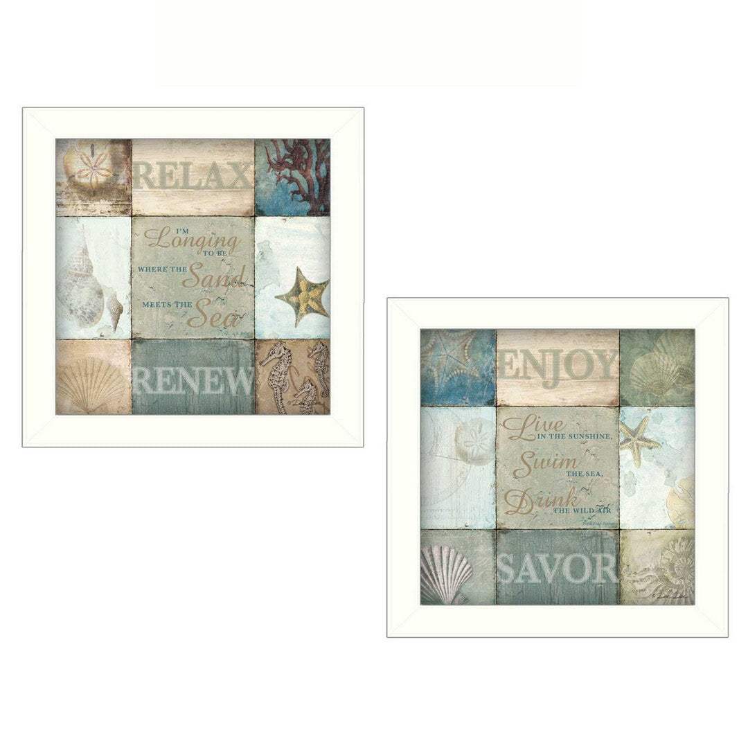 Set Of Two Sunshine Sand and Sea White Framed Print Wall Art - Homeroots - Flyclothing LLC