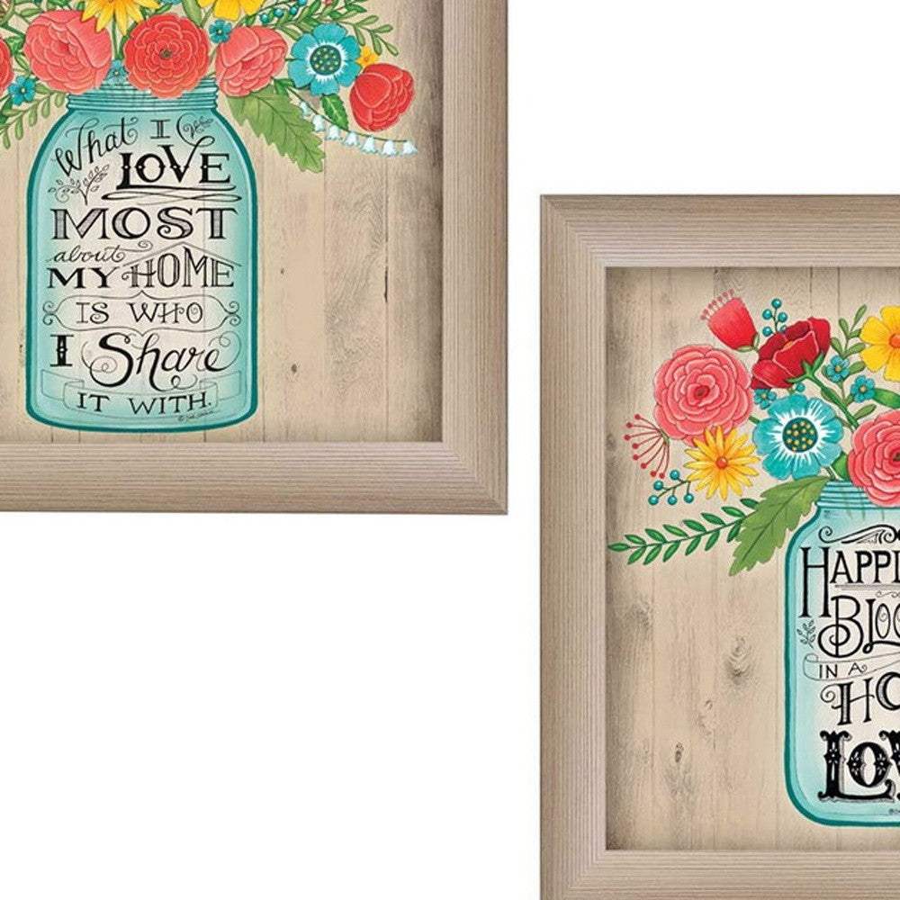 Set Of Two Mason Jar Floral Happiness at Home Brown Framed Print Wall Art - Homeroots - Flyclothing LLC