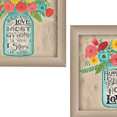 Set Of Two Mason Jar Floral Happiness at Home Brown Framed Print Wall Art