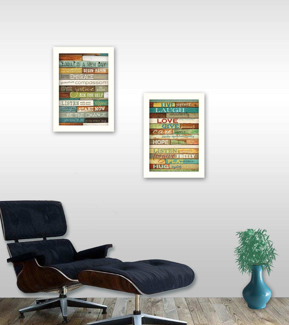 Set Of Two Today is a New Day Faux Wood Slat White Framed Print Wall Art - Homeroots - Flyclothing LLC