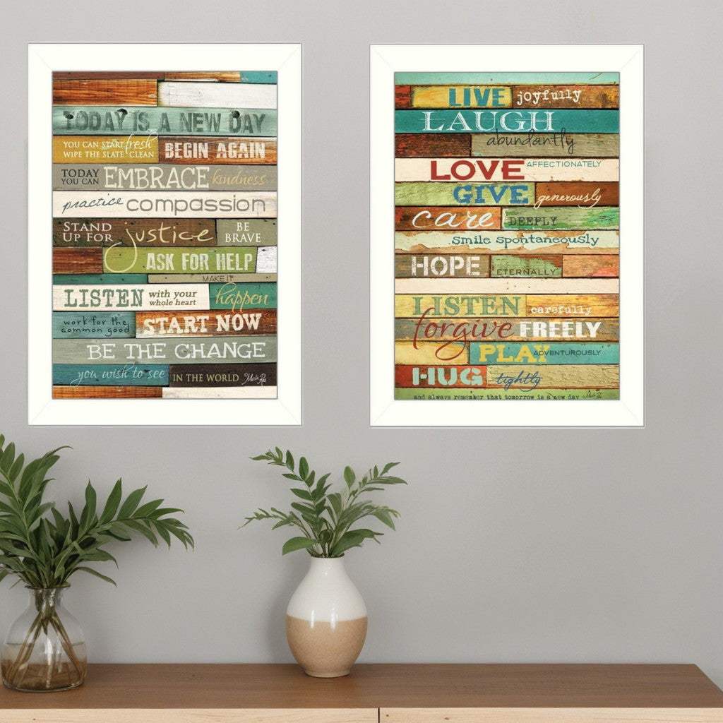 Set Of Two Today is a New Day Faux Wood Slat White Framed Print Wall Art - Homeroots - Flyclothing LLC