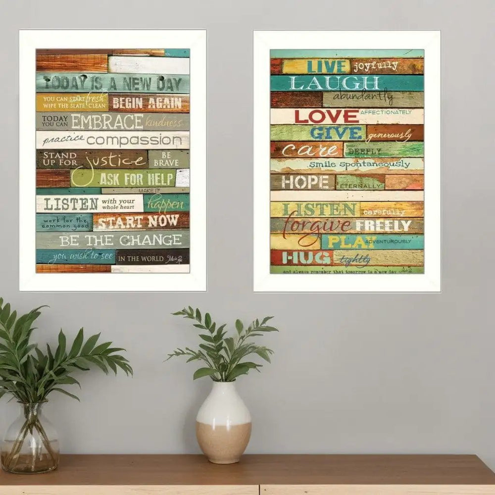 Set Of Two Today is a New Day Faux Wood Slat White Framed Print Wall Art - Homeroots