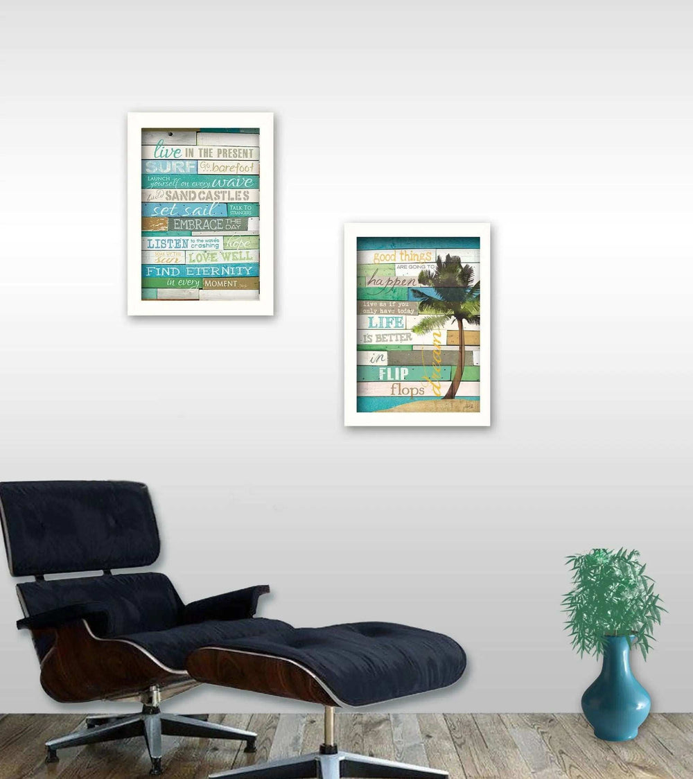 Set Of Two Live in the Present White Framed Print Wall Art - Homeroots - Flyclothing LLC