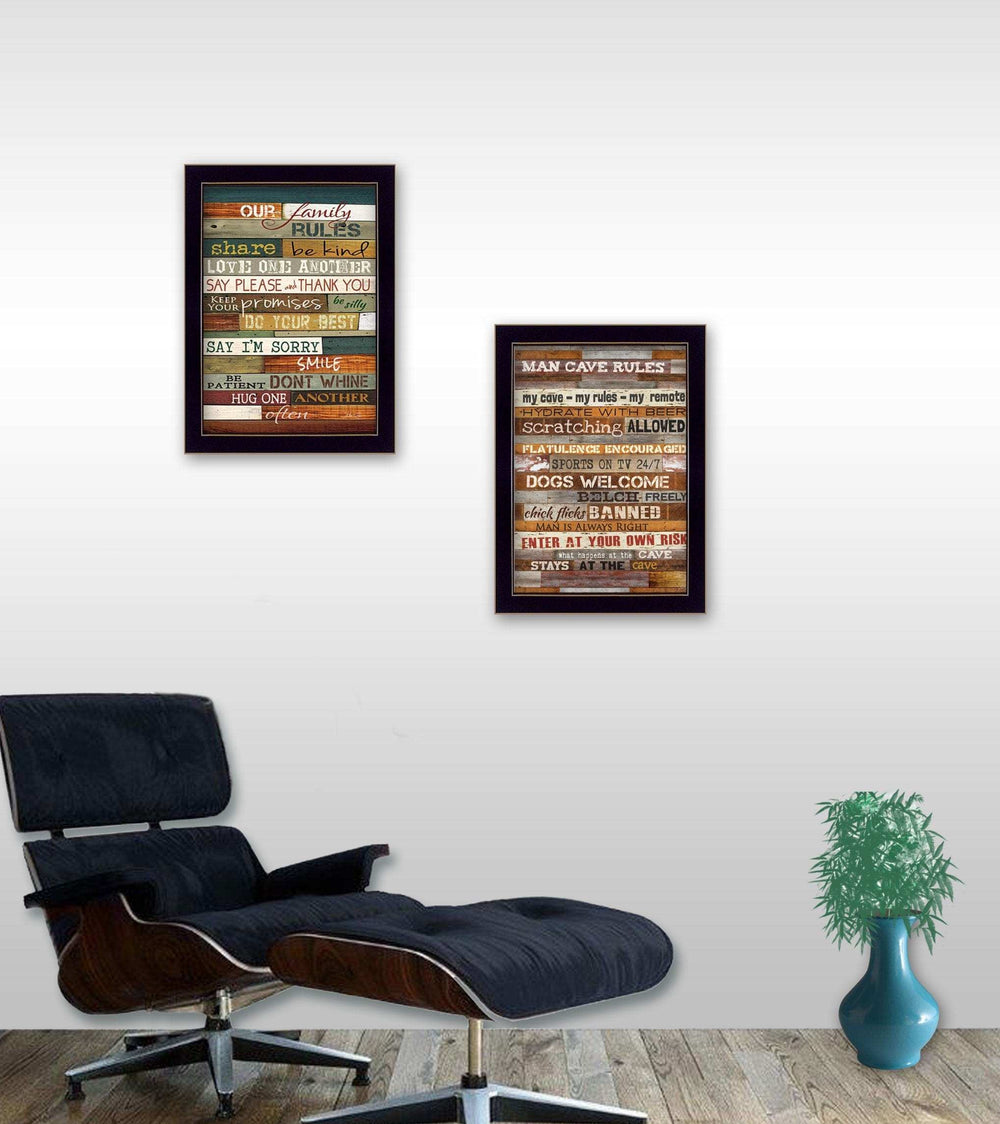 Set Of Two Family and Man Cave Rules 1 Black Framed Print Wall Art - Homeroots - Flyclothing LLC