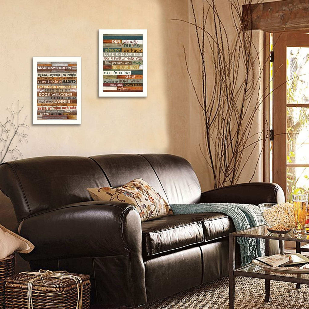 Set Of Two Family and Man Cave Rules 2 White Framed Print Wall Art - Homeroots - Flyclothing LLC