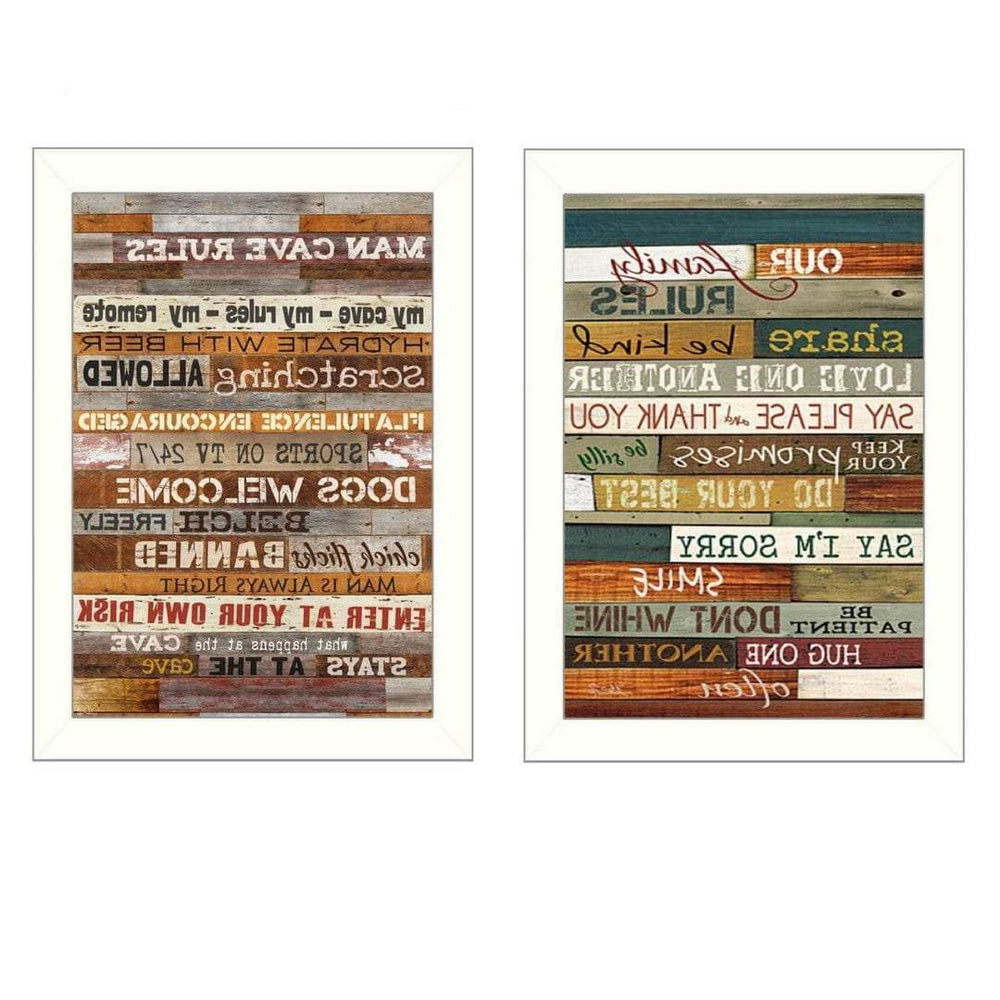 Set Of Two Family and Man Cave Rules 2 White Framed Print Wall Art - Homeroots - Flyclothing LLC