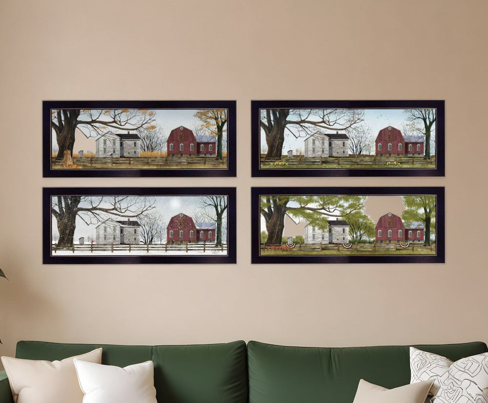 Set Of Four Red Barn For The Season Black Framed Print Wall Art - Homeroots