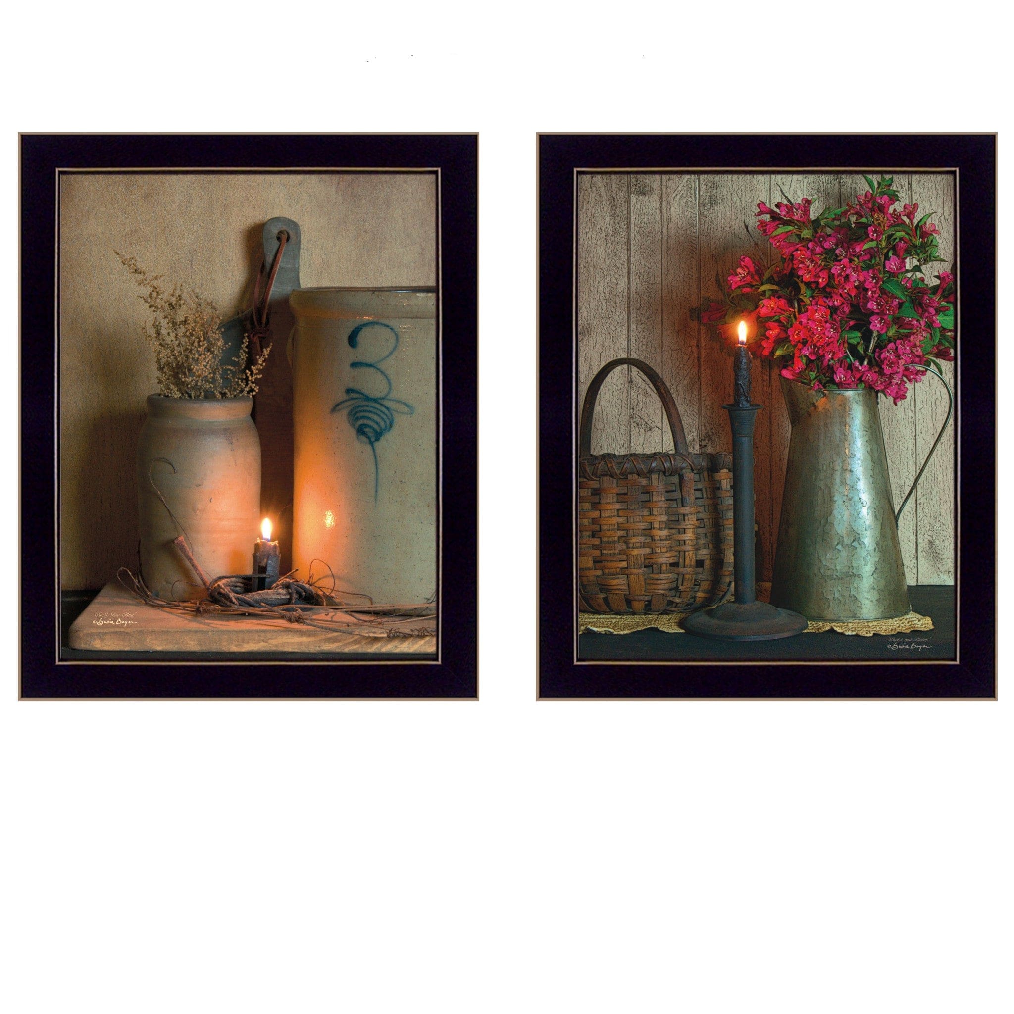 Set Of Two Americana Country Candlelight Black Framed Print Wall Art