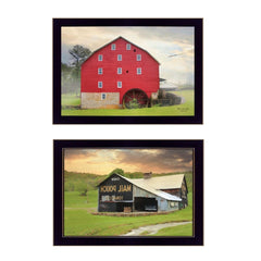 Set Of Two Mail Pouch Red Barn and Mill  Black Framed Print Wall Art