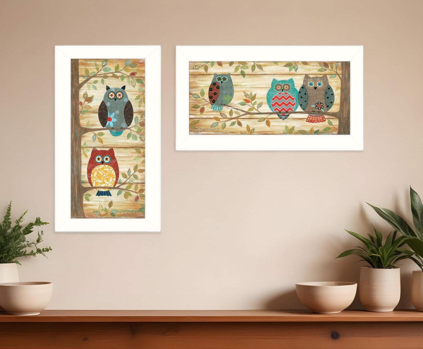 Set Of Two Whimsical Owls White Framed Print Wall Art - Homeroots - Flyclothing LLC