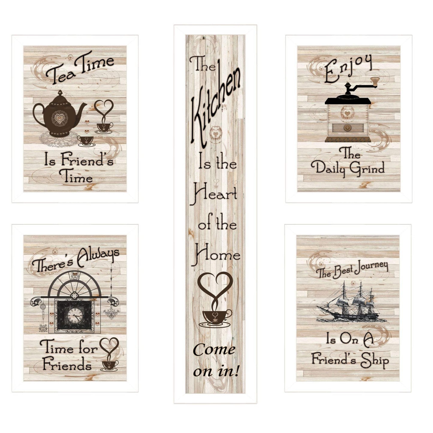 Set Of Five Kitchen Friendship 4 White Framed Print Kitchen Wall Art - Homeroots - Flyclothing LLC