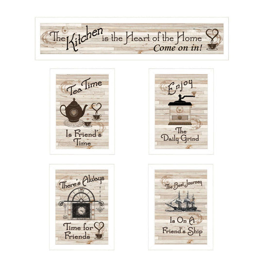 Set Of Five Kitchen Friendship Collection II 4 White Framed Print Kitchen Wall Art - Homeroots - Flyclothing LLC