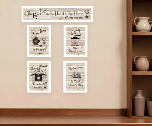 Set Of Five Kitchen Friendship Collection II 4 White Framed Print Kitchen Wall Art - Homeroots - Flyclothing LLC