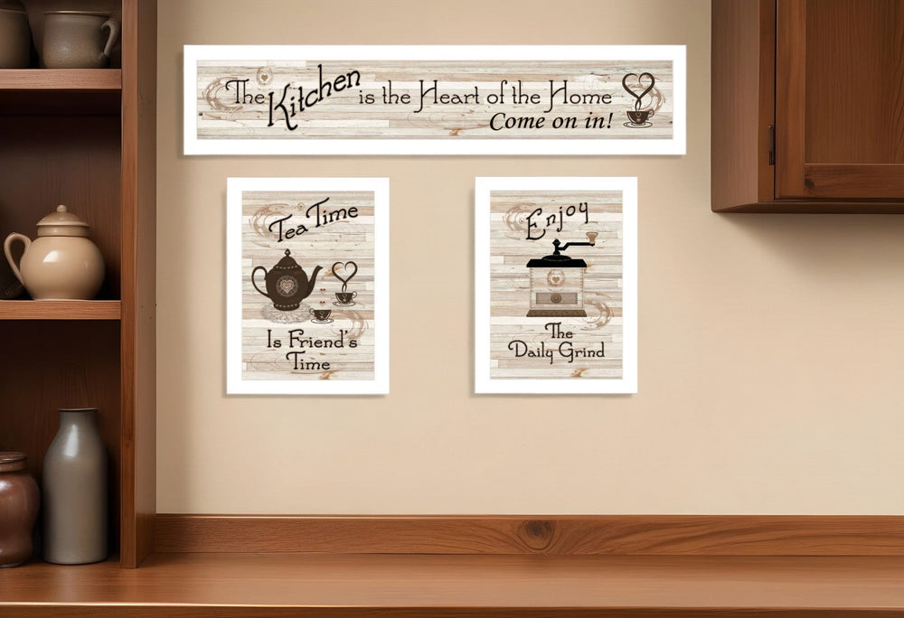 Set Of Three Kitchen Is The Heart of Home White Framed Kitchen Wall Art - Homeroots