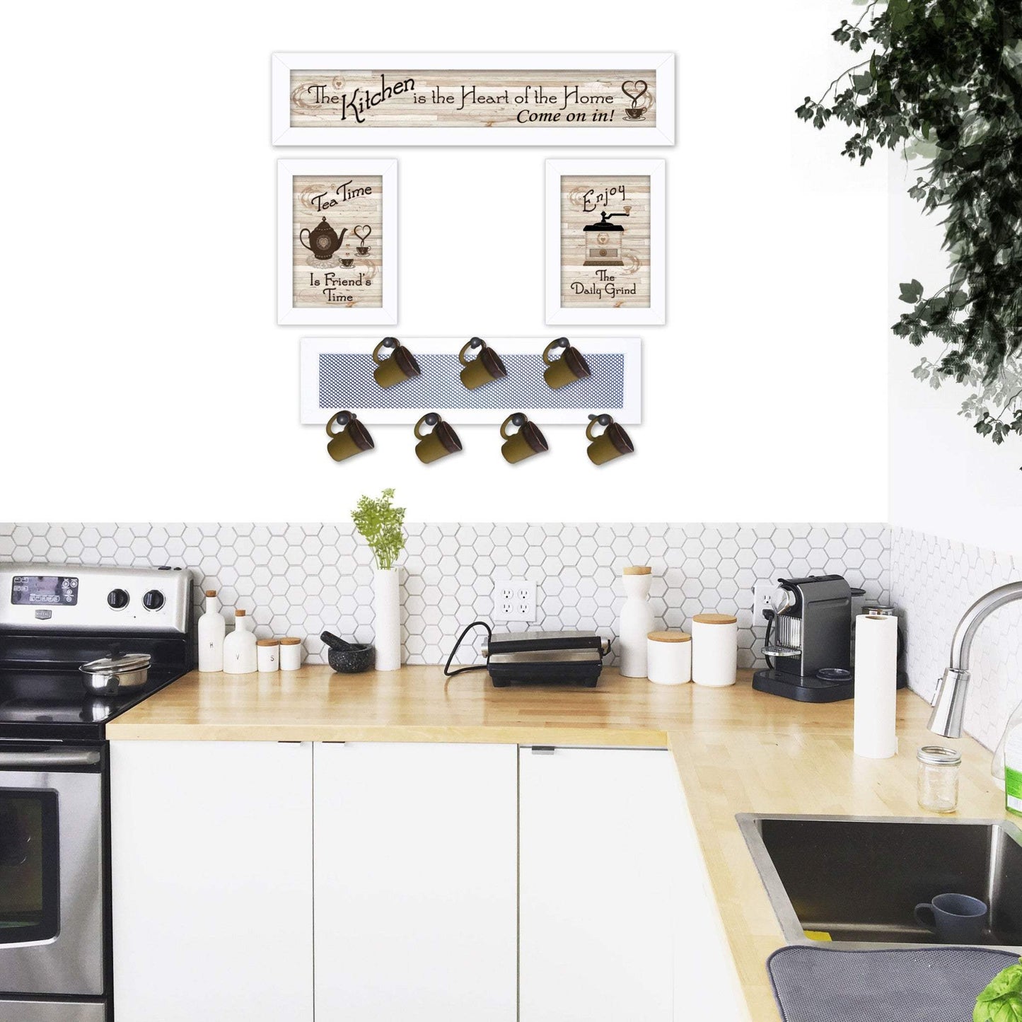 Set Of Four Kitchen Collection IV with Seven Peg Mug Rack 4 White Framed Print Kitchen Wall Art - Homeroots - Flyclothing LLC