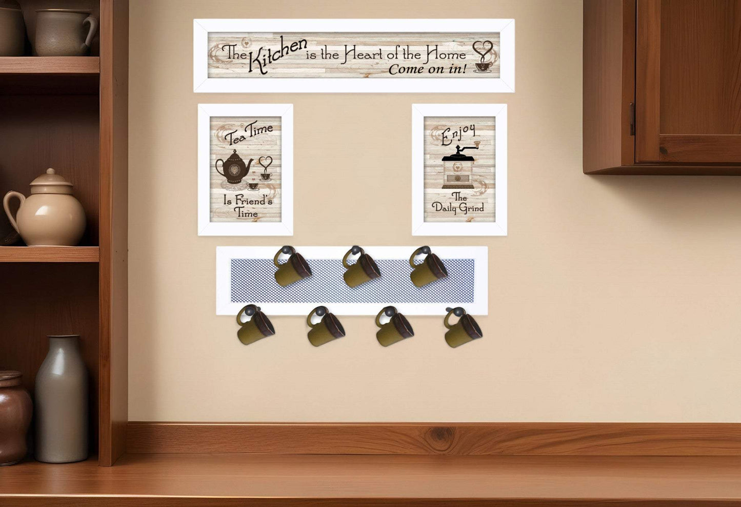Set Of Four Kitchen Collection IV with Seven Peg Mug Rack 4 White Framed Print Kitchen Wall Art - Homeroots - Flyclothing LLC