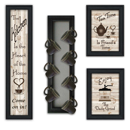 Set Of Four Kitchen Collection V with Seven Peg Mug Rack 2 Black Framed Print Kitchen Wall Art - Homeroots - Flyclothing LLC