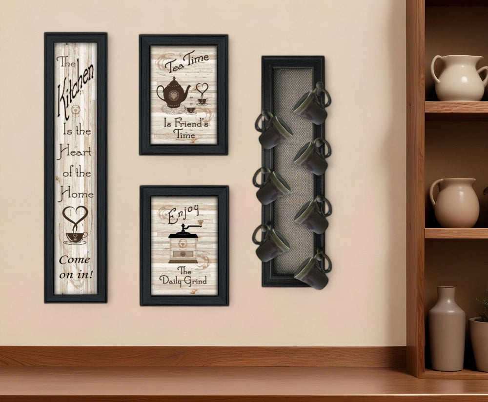 Set Of Four Kitchen Collection V with Seven Peg Mug Rack 2 Black Framed Print Kitchen Wall Art - Homeroots