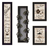Set Of Four Kitchen Collection V with Seven Peg Mug Rack 3 Black Framed Print Kitchen Wall Art - Homeroots