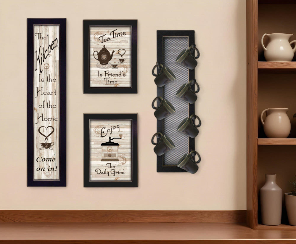 Set Of Four Kitchen Collection V with Seven Peg Mug Rack 3 Black Framed Print Kitchen Wall Art - Homeroots