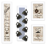 Set Of Four Kitchen Collection V with Seven Peg Mug Rack 4 White Framed Print Kitchen Wall Art - Homeroots