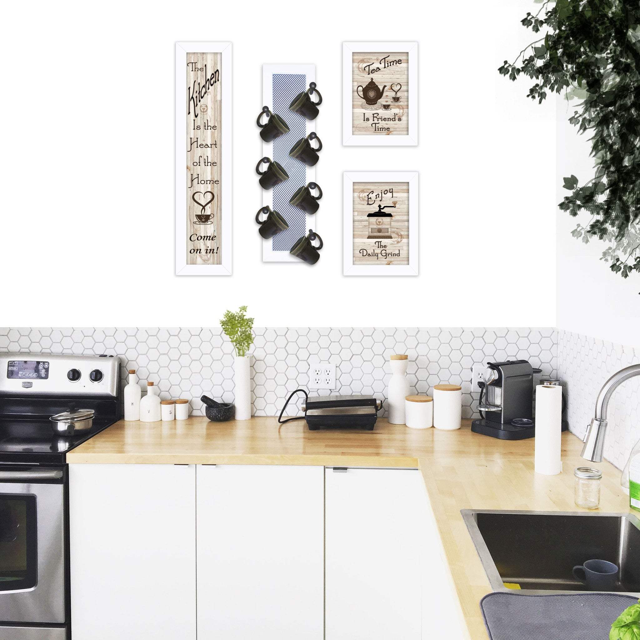 Set Of Four Kitchen Collection V with Seven Peg Mug Rack 4 White Framed Print Kitchen Wall Art - Homeroots - Flyclothing LLC