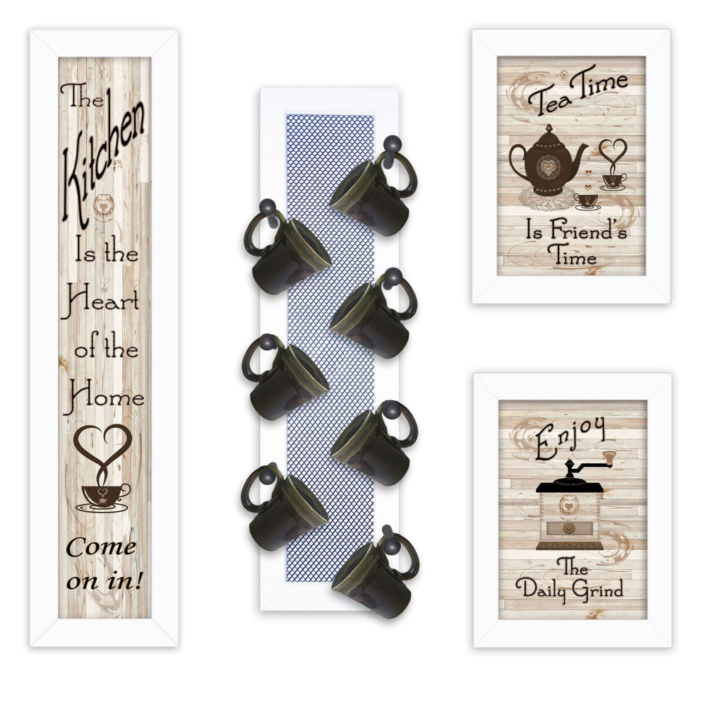 Set Of Four Kitchen Collection V with Seven Peg Mug Rack 4 White Framed Print Kitchen Wall Art - Homeroots