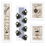 Set Of Four Kitchen Collection V with Seven Peg Mug Rack 4 White Framed Print Kitchen Wall Art - Homeroots