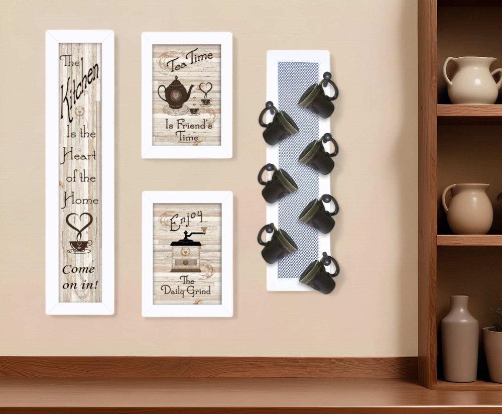 Set Of Four Kitchen Collection V with Seven Peg Mug Rack 4 White Framed Print Kitchen Wall Art - Homeroots - Flyclothing LLC